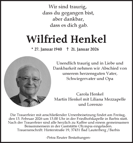 Traueranzeige von Wilfried Henkel von Harz Kurier